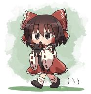 1girl animal black_cat blush bow brown_eyes brown_footwear brown_hair cat commentary_request detached_sleeves frilled_bow frilled_hair_tubes frilled_skirt frills full_body hair_between_eyes hair_bow hair_tubes hakurei_reimu holding holding_animal holding_cat kaenbyou_rin kaenbyou_rin_(cat) red_bow red_skirt ribbon-trimmed_sleeves ribbon_trim rokugou_daisuke short_hair sidelocks signature skirt socks touhou walking white_sleeves white_socks // 960x989 // 687KB