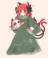 1girl animal_ears black_bow blunt_bangs blush bow braid bright_pupils cat_ears cat_girl cat_tail commentary dated dress drinking drinking_straw english_commentary etherealkomeiji green_dress hair_bow holding holding_skull juliet_sleeves kaenbyou_rin long_hair long_sleeves multiple_tails nekomata puffy_sleeves red_eyes side_braids signature simple_background skull solo tail touhou twin_braids two_tails white_pupils // 791x935 // 71KB