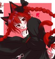 1girl animal_ears black_bow black_dress black_tail blush border bow braid cat_ears cat_girl cat_tail commentary_request dress extra_ears floating_hair gradient_tail hair_bow heart kaenbyou_rin long_hair long_sleeves looking_at_viewer looking_back multicolored_tail multiple_hair_bows multiple_tails nagi_(dfgd8473) outside_border parted_lips partial_commentary pink_background polka_dot polka_dot_background red_eyes red_hair red_tail solo tail tongue tongue_out touhou turning_head twin_braids two_tails white_border // 1042x1115 // 915KB