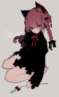 1girl animal_ear_fluff animal_ears artist_request barefoot black_bow black_dress blunt_bangs bow braid cat_ears cat_girl cat_tail cattail closed_mouth dated dress full_body grey_background hair_bow holding kaenbyou_rin long_hair long_sleeves multiple_tails nekomata plant red_eyes red_hair seiza short_eyebrows side_braids signature simple_background sitting solo tail third-party_source touhou twin_braids two_tails // 724x1173 // 117KB