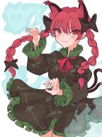 1girl absurdres animal_ear_fluff animal_ears blush bow braid cat_ears dress extra_ears hair_bow highres kaenbyou_rin long_hair long_sleeves looking_at_viewer mugi_(mugimugi_9kv) multiple_tails puffy_sleeves red_eyes red_hair simple_background solo tail touhou twin_braids two_tails white_background // 3000x4000 // 3.0MB
