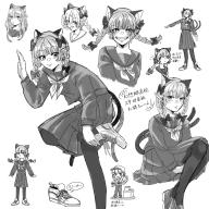 1girl alternate_hairstyle animal_ears black_serafuku bow braid cat_ears dress extra_ears fang fangs greyscale grin hair_bow hair_down hairband hat highres hitodama kaenbyou_rin long_sleeves looking_at_viewer monochrome multiple_views nekomata pantyhose pointy_ears saya_marochan school_uniform serafuku shoes sitting smile touhou twin_braids twintails // 2048x2048 // 482KB