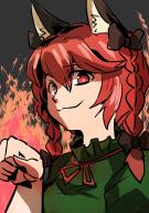 1girl animal_ears black_bow bow braid cat_ears dress fire gagamatsu green_dress hair_bow kaenbyou_rin looking_at_viewer one-hour_drawing_challenge paw_pose red_eyes red_hair smug solo touhou // 579x819 // 541KB