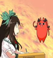 <o>_<o> 1girl arm_cannon azumanga_daiou black_bow blouse bow braid brown_hair cat collar collared_shirt control_rod_(touhou) cosplay green_bow hair_bow kaenbyou_rin kaenbyou_rin_(cat) kaenbyou_rin_(cosplay) kasuga_ayumu long_hair manny_mcmannington mihama_chiyo's_father red_fur reiuji_utsuho reiuji_utsuho_(cosplay) shirt short_sleeves sun surprised third_eye third_eye_on_chest touhou trait_connection twin_braids weapon white_shirt // 840x914 // 124KB