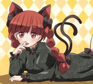 1girl :3 :d animal_ear_fluff animal_ears black_dress blush bow braid brown_bow cat_ears cat_girl cat_tail checkered_background commentary_request dress frilled_dress frills hair_bow hand_to_own_mouth kaenbyou_rin leg_up lying multiple_tails on_stomach open_mouth red_eyes red_hair rokugou_daisuke short_hair signature smile solo tail touhou twin_braids two_tails // 1200x1082 // 915KB