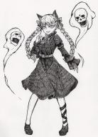 1girl absurdres animal_ears bow braid cat_ears dress highres inoshin_(inixia1748) kaenbyou_rin legs_apart long_sleeves monochrome shoes skull solo tail touhou traditional_media twin_braids // 2454x3407 // 1.9MB