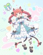 !? 1girl alternate_costume animal_ears black_bow black_footwear black_ribbon bow braid cat_ears cat_tail commentary_request extra_ears footwear_bow full_body gradient_background hair_bow kaenbyou_rin leg_ribbon looking_at_viewer maid maid_headdress medium_hair nekomata polka_dot polka_dot_background red_eyes red_hair ribbon side_braids solo spoken_interrobang star_(symbol) tail tanasuke touhou twin_braids // 749x940 // 127KB