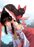 1girl absurdres animal animal_on_back ascot bare_shoulders bent_over black_cat black_hair blush bow cat chest_sarashi commentary_request detached_sleeves frilled_bow frilled_shirt_collar frills fuuzasa hair_bow hair_tubes hakurei_reimu hands_on_own_knees highres kaenbyou_rin kaenbyou_rin_(cat) komano_aunn long_sleeves medium_hair red_bow red_eyes red_skirt red_vest ribbon-trimmed_sleeves ribbon_trim sarashi skirt smile solo torii touhou vest wavy_mouth wide_sleeves yellow_ascot // 1777x2486 // 786KB
