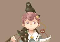 1girl :< animal animal_on_head animal_on_shoulder bird bird_on_head black_cat blue_shirt brown_background cat cat_on_shoulder closed_mouth collared_shirt commentary_request crow expressionless frilled_shirt_collar frills hair_ornament heart heart_hair_ornament holding holding_quill kaenbyou_rin kaenbyou_rin_(cat) komeiji_satori looking_at_viewer on_head onikobe_rin purple_eyes purple_hair quill reiuji_utsuho reiuji_utsuho_(bird) ribbon-trimmed_collar ribbon_trim shirt short_hair simple_background solo third_eye touhou upper_body // 868x612 // 171KB