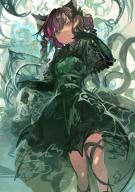 1girl absurdres animal_ears black_dress black_gloves braid cat_ears cat_tail dress elbow_gloves feet_out_of_frame gloves highres kaamin_(mariarose753) kaenbyou_rin long_hair multiple_tails red_eyes red_hair short_sleeves solo tail touhou twin_braids two_tails // 2894x4093 // 1.7MB