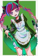 1girl adya_adya_a animal_ears apron blunt_bangs braid bright_pupils cat_ears cat_girl clothes_lift commentary dress dress_lift fangs green_background highres kaenbyou_rin lifting_own_clothes long_hair long_sleeves looking_at_viewer maid open_mouth rating:general red_eyes red_hair score:1 side_braids simple_background skin_fangs smile solo symbol-only_commentary touhou twin_braids white_apron white_pupils // 1107x1600 // 278KB