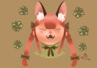 1girl animal_ears black_bow black_bowtie blunt_bangs bow bowtie braid brown_background cat_ears cat_girl closed_eyes commentary_request double-parted_bangs extra_ears foul_detective_satori hair_bow kaenbyou_rin long_hair onikobe_rin open_mouth red_hair simple_background smile solo touhou twin_braids upper_body // 816x579 // 213KB