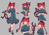 1girl animal_ears braid cat_ears cat_girl cat_tail dress frilled_dress frills green_dress grey_background highres kaden_(muxt8423) kaenbyou_rin looking_at_viewer multiple_views pointy_ears puffy_short_sleeves puffy_sleeves red_eyes red_hair short_sleeves smile tail touhou twin_braids // 3106x2220 // 3.6MB