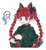 1girl animal_ears blush braid cat_ears cat_tail dress extra_ears green_dress hair_ribbon highres kaenbyou_rin long_hair long_sleeves open_mouth pointy_ears red_eyes red_hair ribbon smile spirit tail tama_(hiroshige_36) touhou twin_braids twitter_username upper_body white_background // 1200x1300 // 189KB