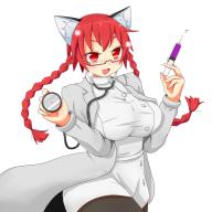 1girl :d alternate_costume animal_ears bespectacled braid breasts cat_ears cowboy_shot glasses highres himenomikan holding holding_syringe kaenbyou_rin large_breasts looking_at_viewer open_mouth pantyhose red_eyes red_hair smile solo syringe touhou twin_braids // 1300x1300 // 626KB