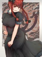1girl animal_ears black_bow black_dress bow braid breasts cat_ears cat_tail commentary dress hair_bow highres kaenbyou_rin looking_at_viewer morizou_shi multiple_tails nekomata open_mouth red_eyes red_nails short_sleeves side_braids smile solo tail touhou twin_braids two_tails // 1280x1754 // 1.4MB