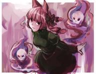 1girl animal_ears blunt_bangs bow braid breasts cat_ears cat_tail dress eyebrows_hidden_by_hair green_dress hair_bow highres hitodama kaenbyou_rin looking_at_viewer medium_breasts mr.milk_caramel multiple_tails purple_background red_eyes red_hair simple_background skull solo tail touhou twin_braids // 2133x1647 // 1.8MB