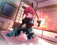 1girl :< animal_ears arutera barefoot blunt_bangs blurry blush bokeh bow bowtie braid breasts cat_ears closed_mouth commentary_request depth_of_field diffraction_spikes dress dutch_angle full_body green_dress indoors juliet_sleeves kaenbyou_rin lens_flare light light_particles light_rays long_hair long_sleeves looking_at_viewer medium_breasts petticoat puffy_sleeves red_bow red_bowtie red_eyes red_hair sitting slit_pupils solo touhou twin_braids twintails wariza // 1000x794 // 235KB