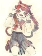 1girl :d alternate_costume animal_ears black_skirt braid cat_ears cat_girl cat_tail commentary_request fangs full_body hands_up highres kaenbyou_rin loafers long_hair long_sleeves looking_at_viewer multiple_tails neckerchief open_mouth paw_pose red_eyes red_hair red_neckerchief sasa6666s school_uniform seiza serafuku shirt shoes sitting skirt smile solo tail touhou twin_braids two_tails white_shirt // 1297x1729 // 392KB