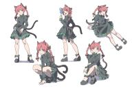 1girl animal_ears black_bow black_footwear black_ribbon bow braid cat_ears cat_tail commentary_request dress fire footwear_bow frilled_dress frilled_sleeves frills green_dress gyouza_(mhea5724) hair_bow juliet_sleeves kaenbyou_rin leg_ribbon long_hair long_sleeves mary_janes multiple_tails multiple_views puffy_sleeves red_eyes red_hair ribbon shoes simple_background sitting squatting standing tail touhou twin_braids white_background // 1200x849 // 119KB