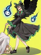 1girl animal_ears bird_wings black_bow black_hair black_shoes black_wings blush bow cat_ears commentary_request cosplay dress fake_animal_ears fire flaming_skull floating_skull footwear_bow full_body green_dress hair_bow hamadain_000 juliet_sleeves kaenbyou_rin kaenbyou_rin_(cosplay) long_hair long_sleeves looking_at_viewer mary_janes open_mouth puffy_sleeves red_eyes reiuji_utsuho shoes simple_background skull smile solo touhou wheelbarrow wings yellow_background // 810x1080 // 1.5MB