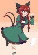 1girl ;d absurdres animal_ears bow braid cat cat_ears cat_tail dress gradient_background highres kaenbyou_rin light_blush multiple_tails nekomata one_eye_closed open_mouth paw_pose red_eyes red_hair seo_haruto smile standing standing_on_one_leg tail touhou twin_braids two_tails // 1880x2684 // 1.1MB