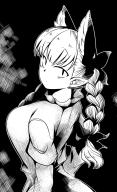 1girl animal_ears black_background bow braid breasts cat_ears dress extra_ears hair_bow highres kaenbyou_rin large_breasts leaning_back long_sleeves looking_at_viewer looking_back mizuga monochrome pointy_ears solo tail touhou twin_braids upper_body // 800x1303 // 233KB