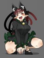 1girl animal_ear_fluff animal_ears black_dress black_shoes bow braid breasts cat_ears cat_girl cat_tail dress extra_ears fingernails frilled_dress frills full_body grey_background hair_bow high_collar highres juliet_sleeves kaenbyou_rin large_breasts long_fingernails long_sleeves looking_at_viewer mary_janes monochrome multiple_tails open_mouth pointy_ears puffy_sleeves rating:general red_eyes red_hair score:4 sharp_teeth shoes side_braids solo squatting tail teeth tenkatorouze touhou twin_braids two_tails // 1536x2048 // 194KB
