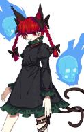 1girl :d absurdres animal_ears black_dress black_ribbon blunt_bangs blunt_tresses blush braid breasts cat_ears cat_tail commentary_request contrapposto dress extra_ears feet_out_of_frame floating_skull highres hitodama ichirugi juliet_sleeves kaenbyou_rin leg_ribbon legs_apart long_hair long_sleeves multiple_tails nekomata open_mouth parted_lips pointy_ears puffy_sleeves red_eyes red_hair ribbon simple_background slit_pupils small_breasts smile solo standing tail touhou twin_braids two_tails white_background // 1760x2736 // 898KB