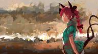 1girl animal_ears bow braid cat_ears cat_tail dress green_dress hair_bow kaenbyou_rin light_smile looking_at_viewer multiple_tails nekomata onion_(onion_and_pi-natto) red_eyes red_hair solo tail touhou twin_braids two_tails // 1393x770 // 118KB