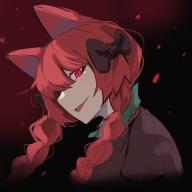 1girl absurdres animal_ears black_background black_bow bow braid cat_ears cat_girl commentary fang hair_bow highres kaenbyou_rin looking_at_viewer open_mouth portrait red_eyes red_hair simple_background solo touhou twin_braids upper_body zanlyu // 4000x4000 // 3.5MB
