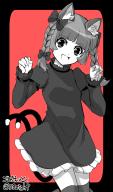 1girl :d animal_ears blunt_bangs bow braid cat_ears cat_tail dress fang frilled_dress frills gotou_eight hair_bow hands_up happy highres kaenbyou_rin long_sleeves looking_at_viewer monochrome multiple_tails nekomata one-hour_drawing_challenge open_mouth paw_pose puffy_sleeves red_background smile solo tail touhou twin_braids // 1312x2212 // 600KB