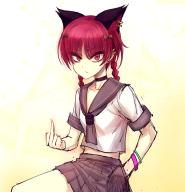 1girl animal_ear_piercing animal_ears bow braid cat_ears cat_girl closed_mouth commentary_request cookie_(touhou) cowboy_shot earrings extra_ears frown grey_neckerchief grey_sailor_collar grey_skirt hair_bow hand_in_pocket jewelry jgknskdcfwnmnk_(cookie) jigoku_no_soko_de_coffee_wo_nomu_neko kaenbyou_rin long_hair looking_at_viewer middle_finger neckerchief red_eyes red_hair sailor_collar shirt short_sleeves skirt solo stud_earrings touhou twin_braids white_shirt wristband yellow_background // 700x725 // 688KB