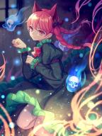 1girl animal_ear_fluff animal_ears black_bow bow bowtie braid cat_ears closed_mouth commentary dress expressionless fire floating_hair frilled_dress frilled_sleeves frills full_body green_dress hair_bow hands_up hitodama juliet_sleeves kaenbyou_rin long_hair long_sleeves looking_at_viewer mirror_(xilu4) paw_pose puffy_sleeves red_bow red_bowtie red_eyes red_hair skull solo touhou twin_braids window // 800x1066 // 147KB