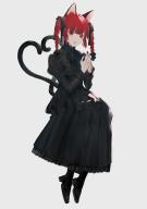 1girl absurdres animal_ears black_dress black_footwear black_nails braid cat_ears cat_girl cat_tail daimaou_ruaeru dress grey_background highres kaenbyou_rin long_sleeves multiple_tails red_eyes red_hair solo tail touhou twin_braids // 2893x4092 // 339KB