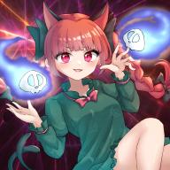 1girl :d animal_ears blunt_bangs blush braid breasts cat_ears cat_tail collarbone dark_background dress extra_ears green_dress hair_ribbon hands_up highres hitodama kaenbyou_rin knees_up long_hair medium_breasts mochizuki_hull multiple_tails nekomata open_mouth pink_eyes red_hair ribbon simple_background slit_pupils smile solo tail touhou tress_ribbon twin_braids two_tails v-shaped_eyebrows // 1378x1378 // 3.0MB