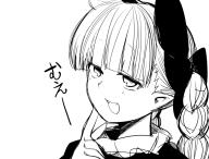 1girl :d blunt_bangs bow braid extra_ears fang finger_to_cheek greyscale hair_bow hand_up index_finger_raised kaenbyou_rin mizuga monochrome open_mouth pointy_ears portrait simple_background smile solo touhou translation_request white_background // 800x609 // 174KB