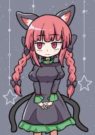 1girl absurdres animal_ears black_background black_bow black_dress blush bow braid cat_ears cat_girl cat_tail commentary_request dress hair_bow highres juliet_sleeves kaenbyou_rin long_hair long_sleeves multiple_tails own_hands_together puffy_sleeves red_eyes side_braids solo star_(symbol) suikatou tail touhou twin_braids two_tails // 2480x3508 // 1.6MB