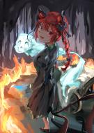 1girl :d absurdres animal_ears arm_at_side black_bow bow braid breasts cat_ears cat_tail commentary dress extra_ears fang fire floating_skull forked_tail from_above from_behind full_body green_dress grey_dress hair_between_eyes hair_bow hair_ribbon highres hitodama kaenbyou_rin light_blush long_hair long_sleeves looking_at_viewer looking_back medium_breasts nekomata open_mouth perspective red_eyes red_hair ribbon shao_(tsfx4342) skin_fang smile solo tail touhou tress_ribbon twin_braids wheelbarrow // 2893x4093 // 10MB