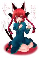 1girl animal_ears braid cat_ears chestnut_mouth dress full_body hands_up kaenbyou_rin leon_no_neko multiple_tails nekomata paw_pose red_eyes red_hair seiza simple_background sitting solo tail touhou twin_braids two_tails white_background // 683x1010 // 92KB