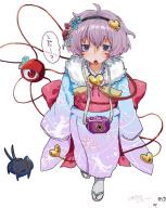 1girl ahoge animal_print black_hairband blue_kimono blush bow bowtie brooch camera camera_around_neck chestnut_mouth floral_print flower_hairpin foreshortening from_above full_body fur-trimmed_kimono fur_trim gradient_clothes gradient_kimono hair_ornament hairband heart heart_brooch heart_hair_ornament japanese_clothes jewelry kaenbyou_rin kaenbyou_rin_(cat) kimono komeiji_satori multiple_girls obi obijime pink_bow pink_bowtie purple_eyes purple_hair purple_kimono rating:general red_bow red_eyes sandals sash score:1 short_hair speech_bubble tabi third_eye touhou translation_request waist_bow walking white_background yukine_0930 // 677x848 // 101KB