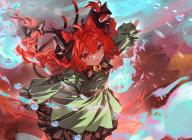 1girl :d animal_ears black_bow bow braid cat_ears cat_girl cat_tail commentary_request dress fang green_dress hair_bow kaenbyou_rin long_hair long_sleeves looking_at_viewer multiple_tails open_mouth red_eyes red_hair ringo_no_usagi sample_watermark side_braids smile solo tail touhou twin_braids two_tails watermark // 1310x961 // 235KB