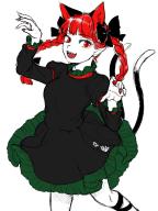 1girl :d arms_up black_ribbon blunt_bangs blush braid breasts cat_tail commentary_request dress extra_ears feet_out_of_frame floating_hair frills grey_dress hands_up happy highres juliet_sleeves kaenbyou_rin korean_commentary kuya_(hey36253625) large_breasts leg_ribbon long_hair long_sleeves looking_at_viewer multiple_tails nail_polish nekomata open_mouth pale_skin pointy_ears puffy_sleeves red_eyes red_hair red_nails ribbon simple_background smile solo standing swept_bangs tail teeth tongue touhou twin_braids two_tails white_background // 1050x1400 // 164KB