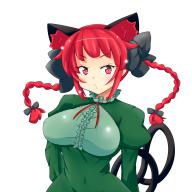 1girl animal_ears bow braid breasts cat_ears cat_tail dress highres himenomikan kaenbyou_rin large_breasts multiple_tails red_eyes red_hair solo tail touhou twin_braids // 1200x1200 // 658KB