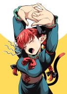 1girl black_bow bow bowtie braid breasts dress fuuzasa green_dress hair_bow highres kaenbyou_rin medium_breasts multiple_hair_bows own_hands_together red_bow red_bowtie red_hair solo stretching touhou twin_braids two-tone_background white_background yawning yellow_background // 1332x1864 // 1.2MB