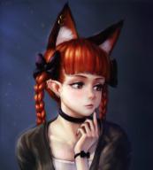 1girl animal_ears blunt_bangs braid cat_ears choker collarbone ear_piercing freckles hand_up highres kaenbyou_rin leaning_forward light_smile looking_to_the_side nail_polish piercing puffy_short_sleeves puffy_sleeves red_eyes red_hair red_nails self-upload short_sleeves solo touhou twin_braids upper_body yyf_(seaknight) // 1200x1326 // 125KB