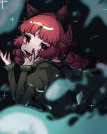 1girl absurdres animal_ears black_bow blurry blurry_background blurry_foreground bow braid cat_ears depth_of_field dress green_dress hair_bow highres juliet_sleeves kaenbyou_rin long_sleeves pointy_ears puffy_sleeves red_eyes red_hair sabapi_oo slit_pupils solo sparkle touhou twin_braids // 2000x2500 // 310KB