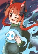 1girl animal_ears black_bow bow cat_ears cat_girl cat_tail commentary dress fang green_dress hair_bow highres hitodama kaenbyou_rin looking_at_viewer multiple_tails natomaki open_mouth red_eyes red_hair skin_fang skull solo tail touhou two_tails // 1448x2048 // 308KB