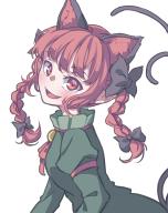 1girl absurdres animal_ear_fluff animal_ears black_bow bow braid cat_ears cat_tail dress extra_ears eyebrows_hidden_by_hair fang from_side green_dress hair_bow highres juliet_sleeves kaenbyou_rin kame_(kamepan44231) long_hair long_sleeves looking_at_viewer multiple_tails one-hour_drawing_challenge open_mouth pointy_ears puffy_sleeves red_eyes red_hair side_braids simple_background smile solo tail touhou twin_braids two_tails upper_body white_background // 3107x3923 // 1.5MB