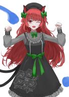 1girl alternate_costume animal_ears beret black_dress bow bowtie cat_ears cat_tail dress fang floral_print frills green_bow hair_down hat highres hitodama kaenbyou_rin kuro_wa_shinoru long_hair multiple_tails one_eye_closed open_mouth paw_pose red_eyes slit_pupils solo tail touhou two_tails white_background // 1295x1812 // 951KB